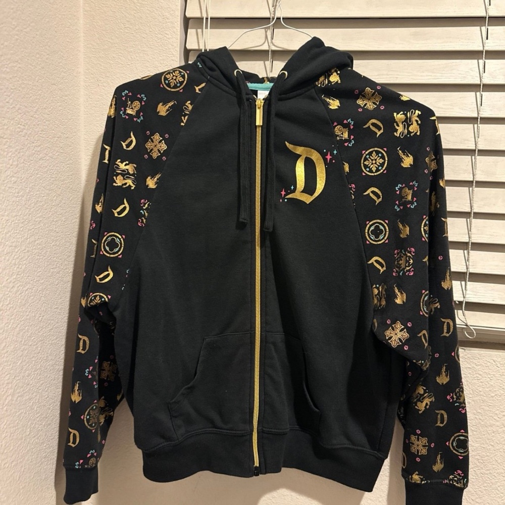 Disneyland Sleeping Beauty Castle Zip Hoodie Black Gold Print Size XS